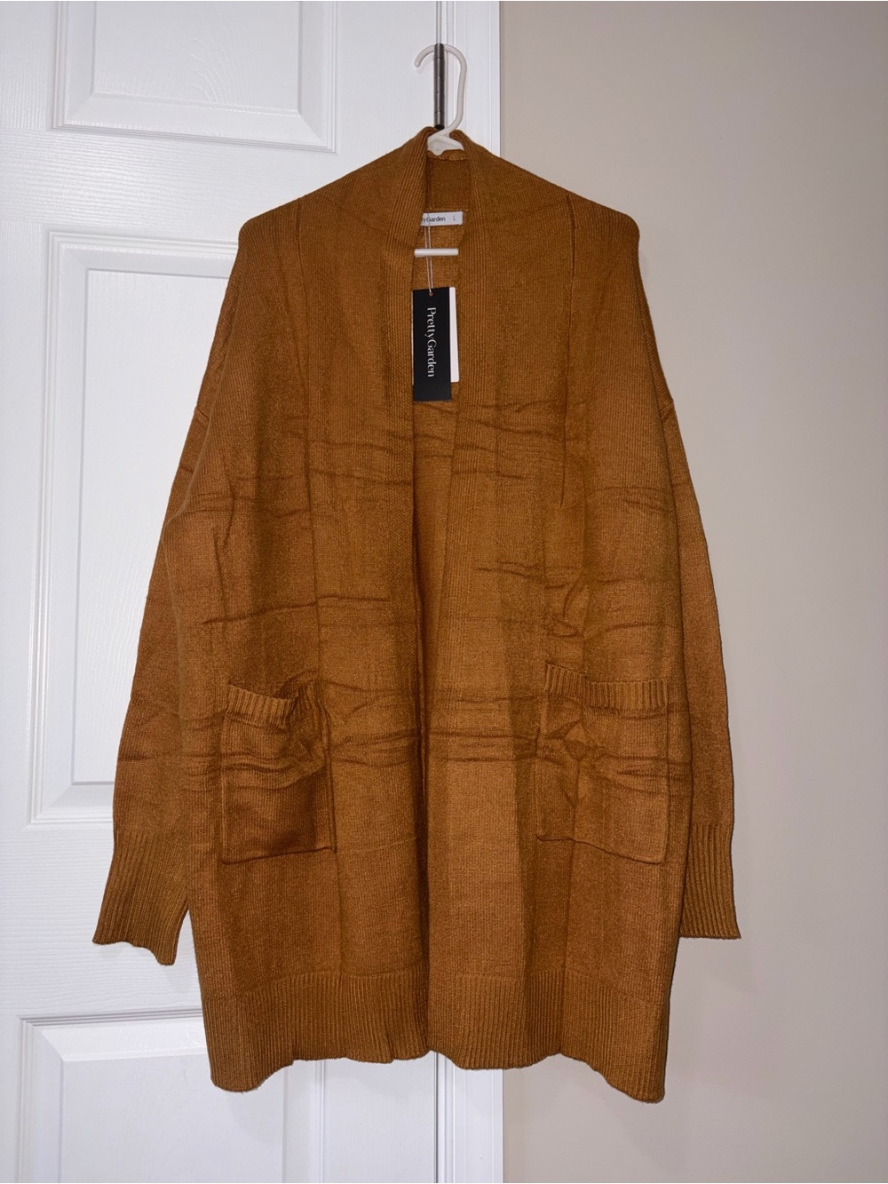 Open-Front Knit Vest Cardigan in Camel